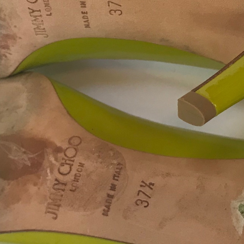 immy Choo Leather Patent Pumps Heels Shoes Almond Toe Chartreuse Green Slides - Picture 12 of 14